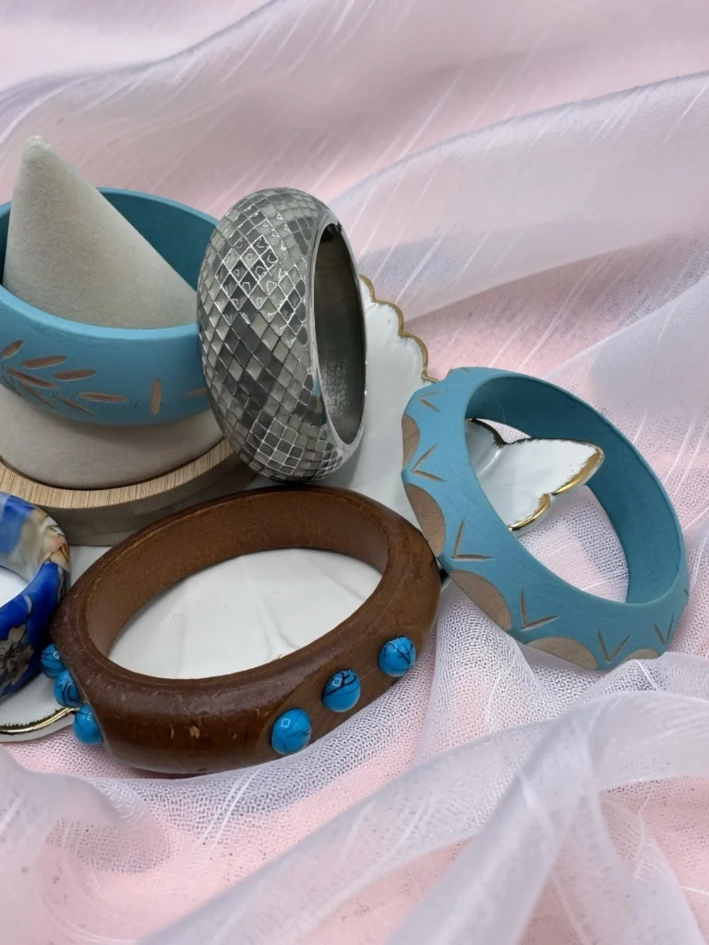 Boho Mixed Bangle Bracelet Lot Blue Wood Silver Floral Statement Bracelets 6 pcs